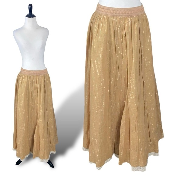 Vintage Y2K Express Prairie Maxi Skirt Tan Metallic Silver Eyelet Lace Medium - Picture 1 of 8
